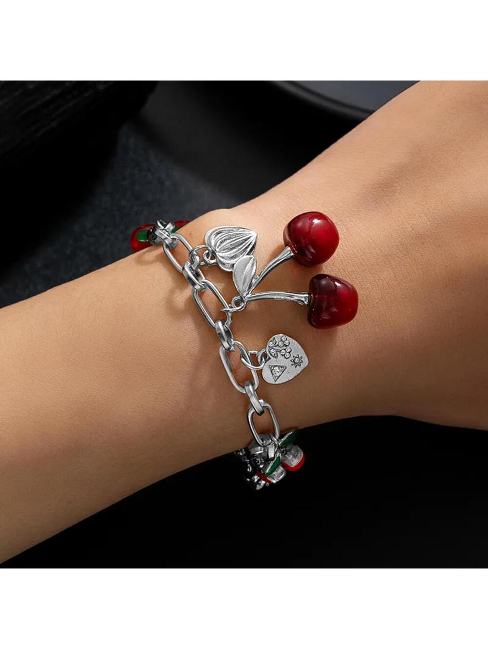 Red cherry charm - Bracelet - Silver - CZs - 6.5 - 8"